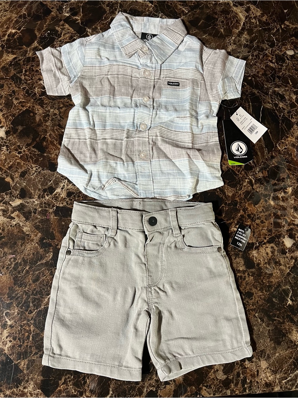 Volcom Light Blue & Gray Striped Button-Up Shirt with Gray Shorts